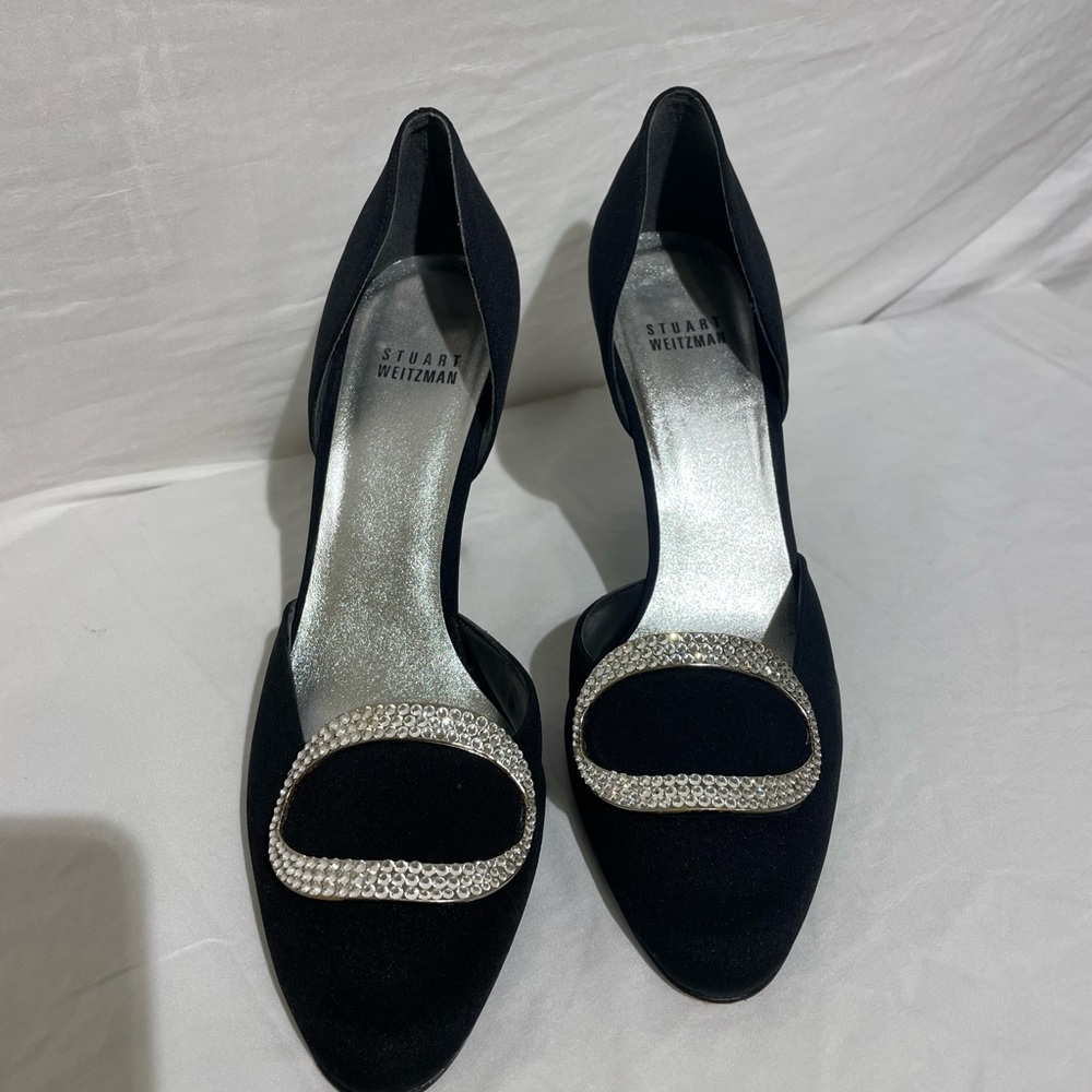 Stuart Weitzman Black and Silver Heels with Peep-Toe Design